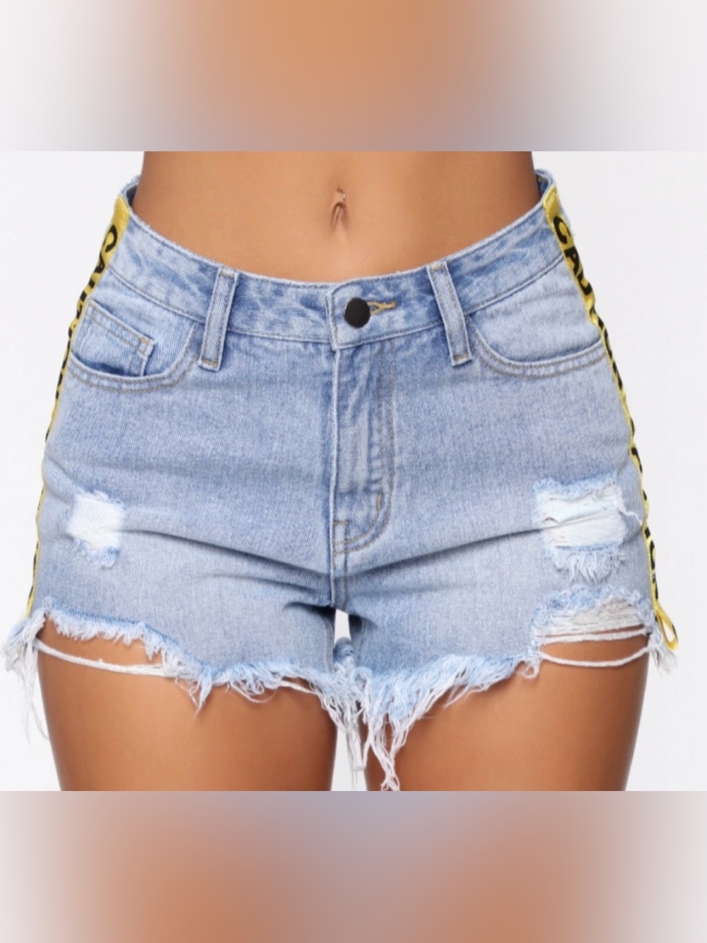 ⚠️Fashion Nova Light Wash Distressed Denim Shorts with Yellow Side Tape ⚠️